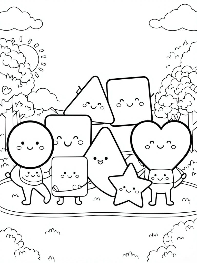Smiling circle, squares, triangles, heart and star characters in sunny park
