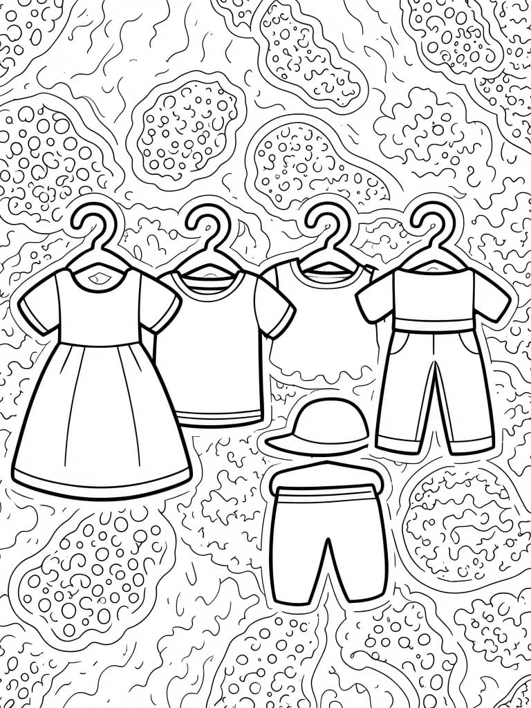 A coloring page with various children's clothing items like a dress, shirts, pants, shorts, and a hat hanging on hangers against a bubbly patterned background.
