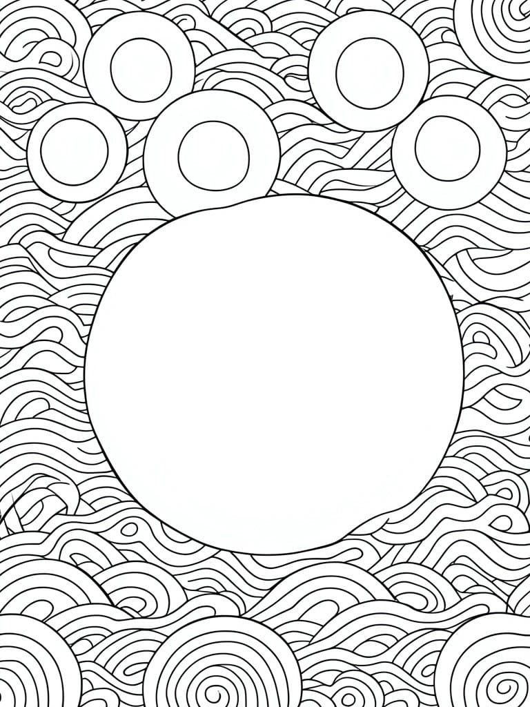 A coloring page with a large empty circle in the center surrounded by wavy lines and smaller circles at the top and bottom corners.