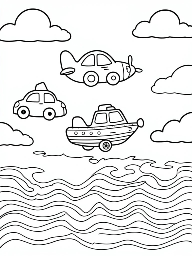 A simple line drawing coloring page showing a car, propeller plane, and boat above wavy water lines with clouds in the sky.