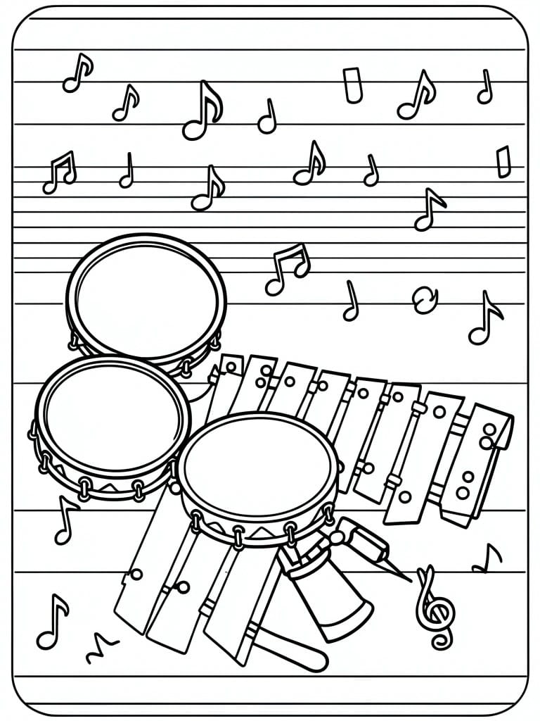A black and white coloring page showing drums, bongos, a xylophone, and a treble clef placed over lines of musical staff with various music notes.