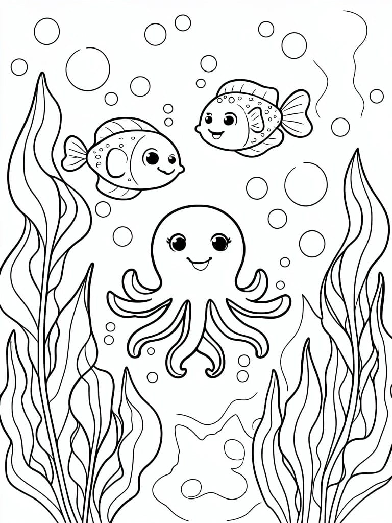 Black and white line drawing of an octopus, two fish, seaweed, bubbles, and a starfish underwater.