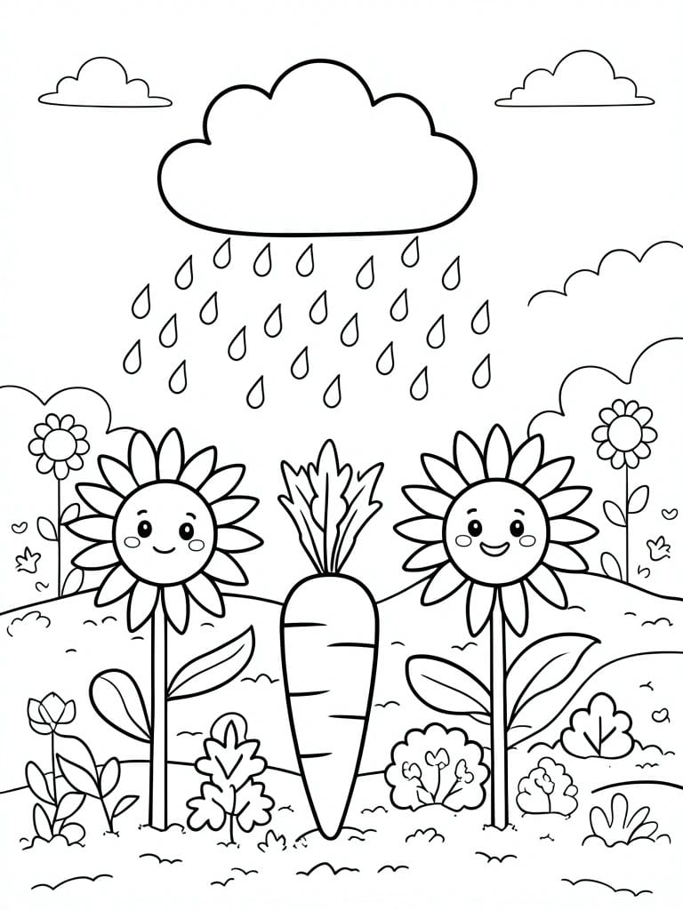 Coloring page of smiling sunflowers and carrot under rainy clouds with plants.