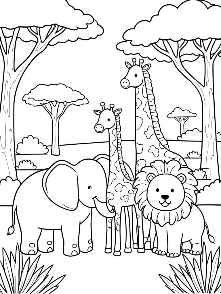 Coloring page of elephant, giraffes, and lion standing in savanna with trees