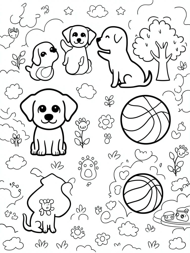 A black and white coloring page with multiple cute dog outlines, two basketballs, trees, clouds, flowers, and paw prints scattered throughout.