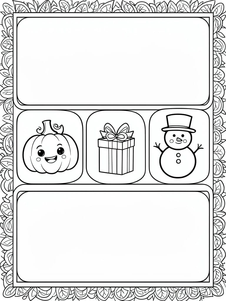 Coloring page with pumpkin, gift box, snowman icons and blank sections in leaf border.
