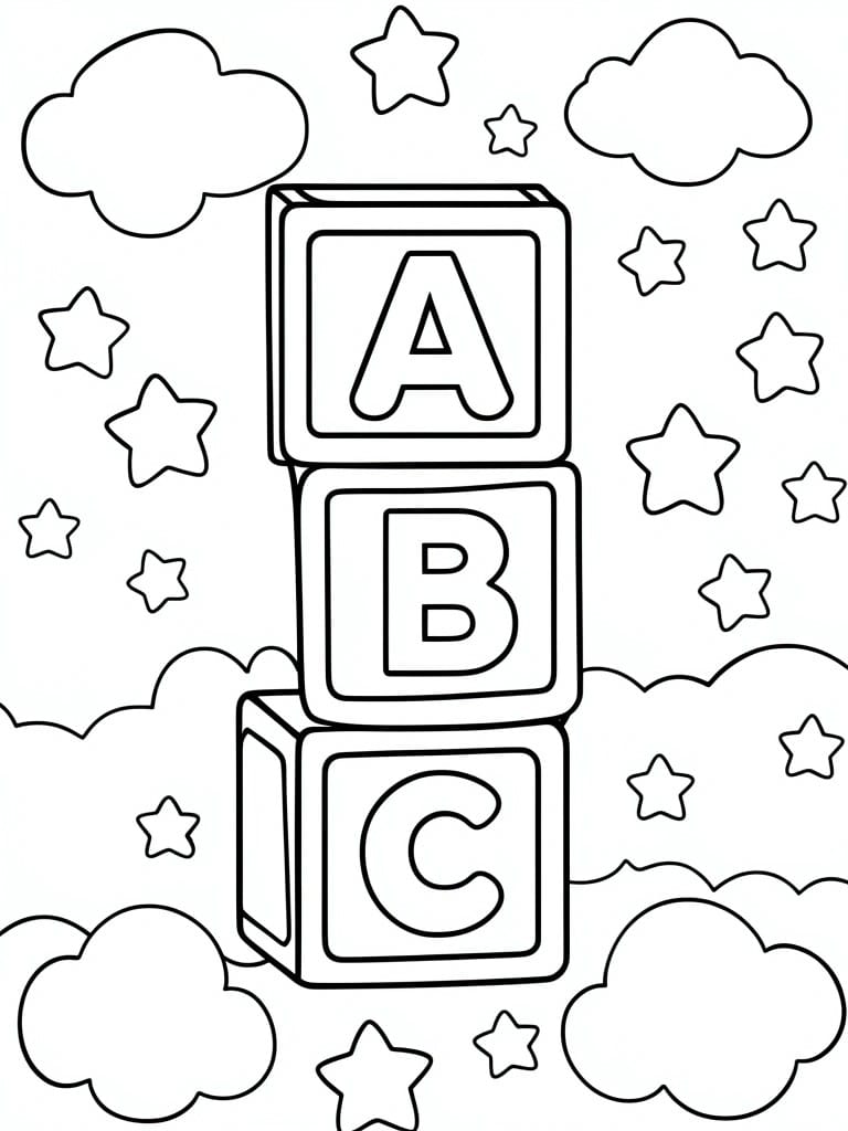 Line drawing of stacked ABC blocks amid stars and fluffy clouds.