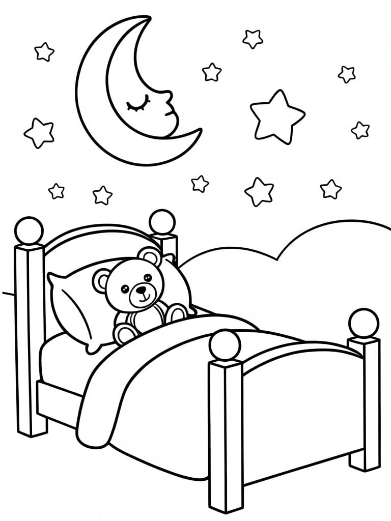 Teddy bear sleeping in bed under smiling crescent moon with stars at night