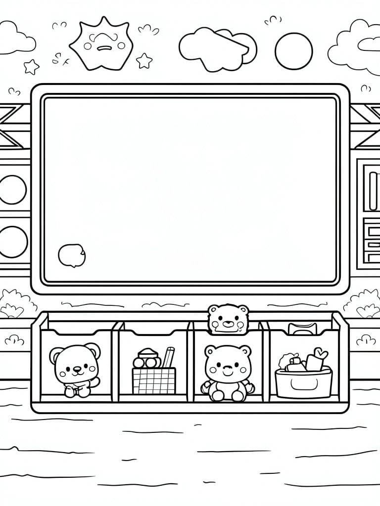 Coloring page of teddy bears in bins below large blank screen with clouds above