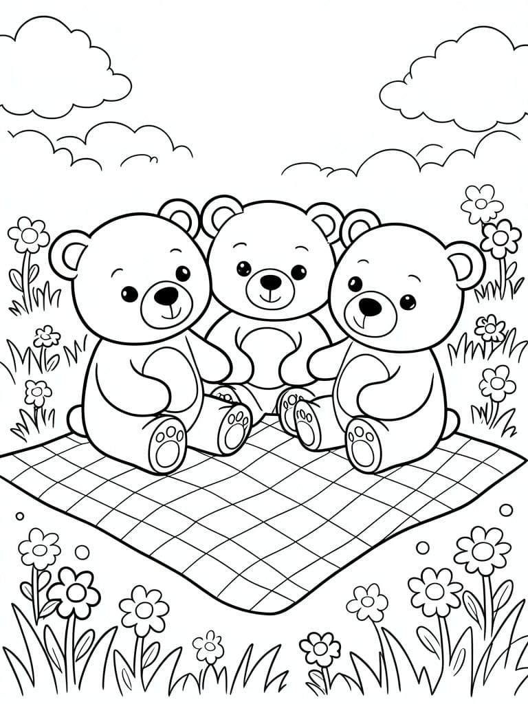 Three teddy bears on checkered picnic blanket amid flowers, grass, and clouds