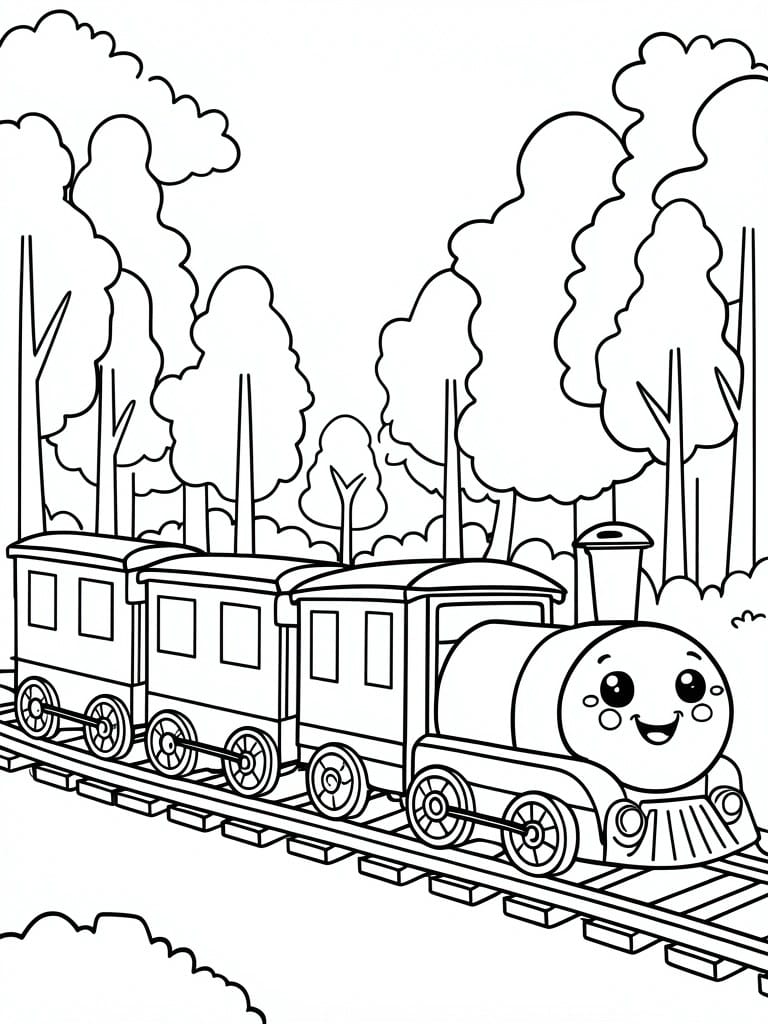 Cartoon train with smiling face on tracks amid tall forest trees.