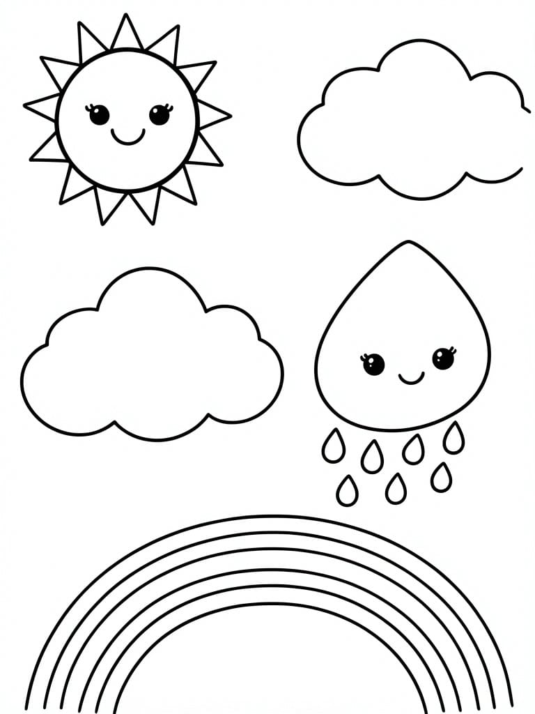 Cute cartoon sun, clouds, smiling raindrop, and rainbow in line art.