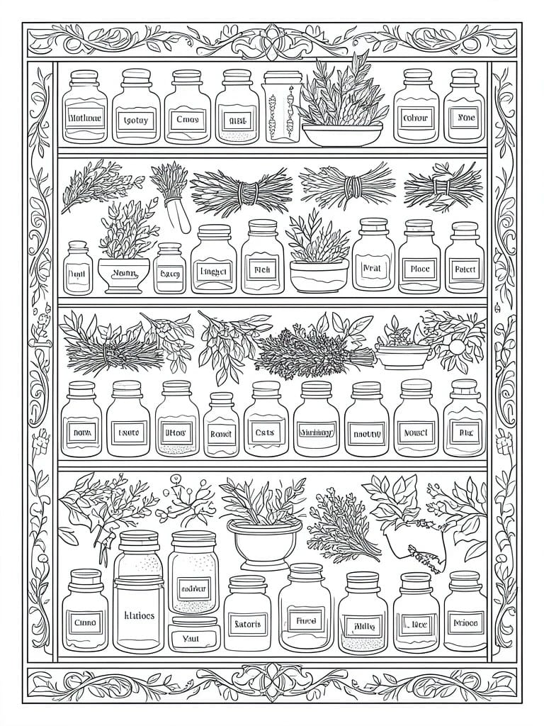 Black and white line drawing of four shelves holding labeled jars and bundles of herbs.