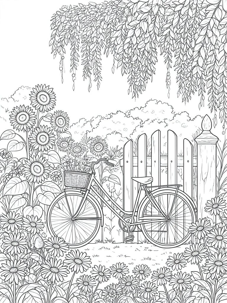 A black and white line drawing of a bicycle with a basket leaning against a fence in a garden full of sunflowers and daisies with branches overhead.