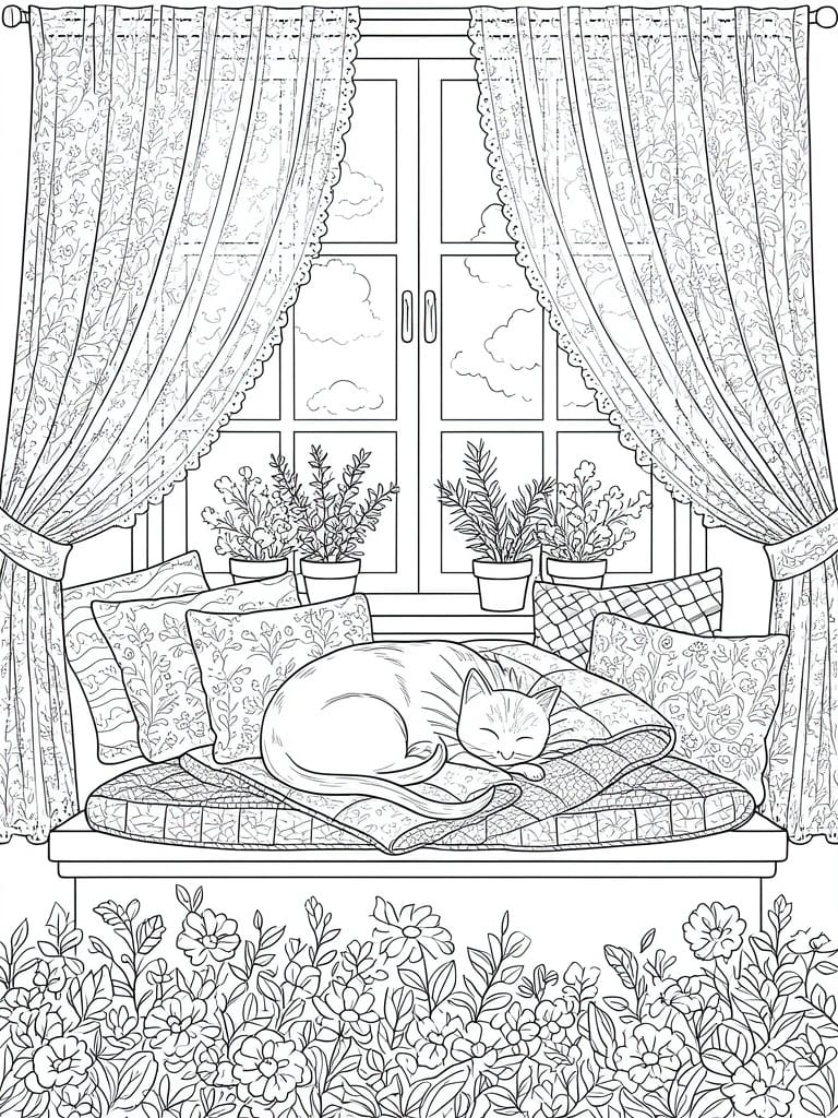 Sleeping cat on cushioned windowsill with pillows, floral curtains, potted plants, and flowers.
