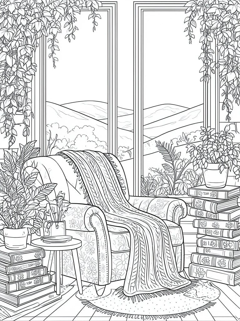 Line drawing of an armchair with a draped blanket, books stacked nearby, potted plants, and windows showing hills.