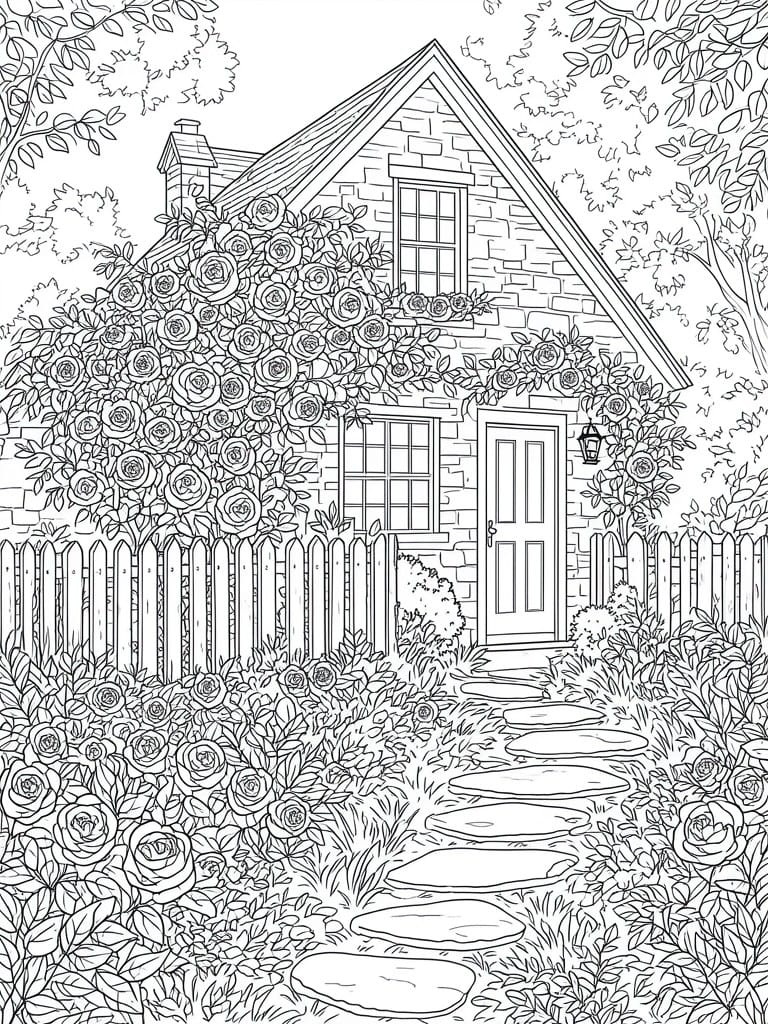 Detailed line art of rose-covered cottage with stone path and picket fence