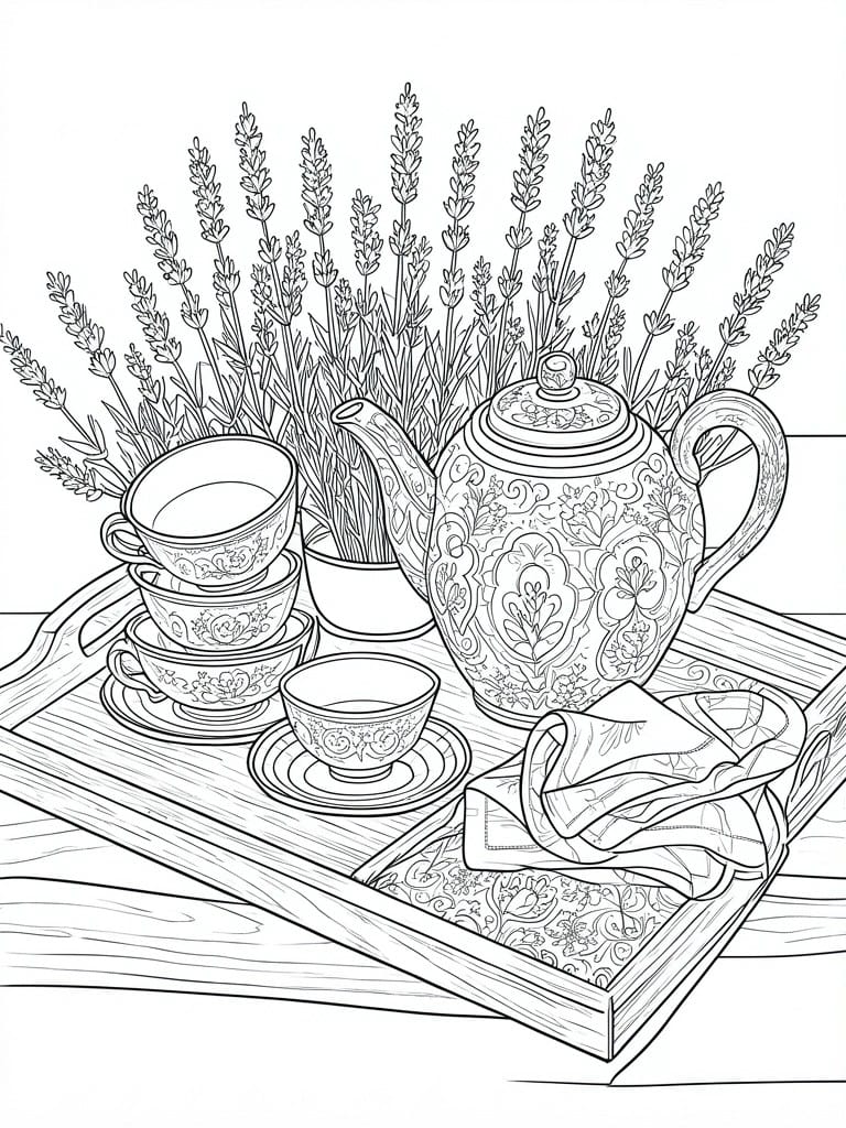 A black and white line drawing shows a decorative teapot, stacked teacups, lavender flowers, and a folded napkin on a wooden tray.