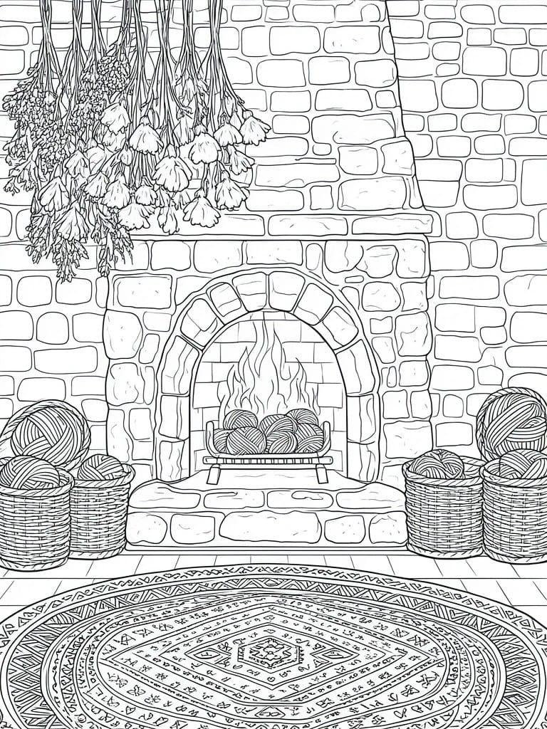 A black and white line drawing shows a stone fireplace with flames, hanging dried herbs above, yarn baskets on both sides, and a large patterned rug in front.