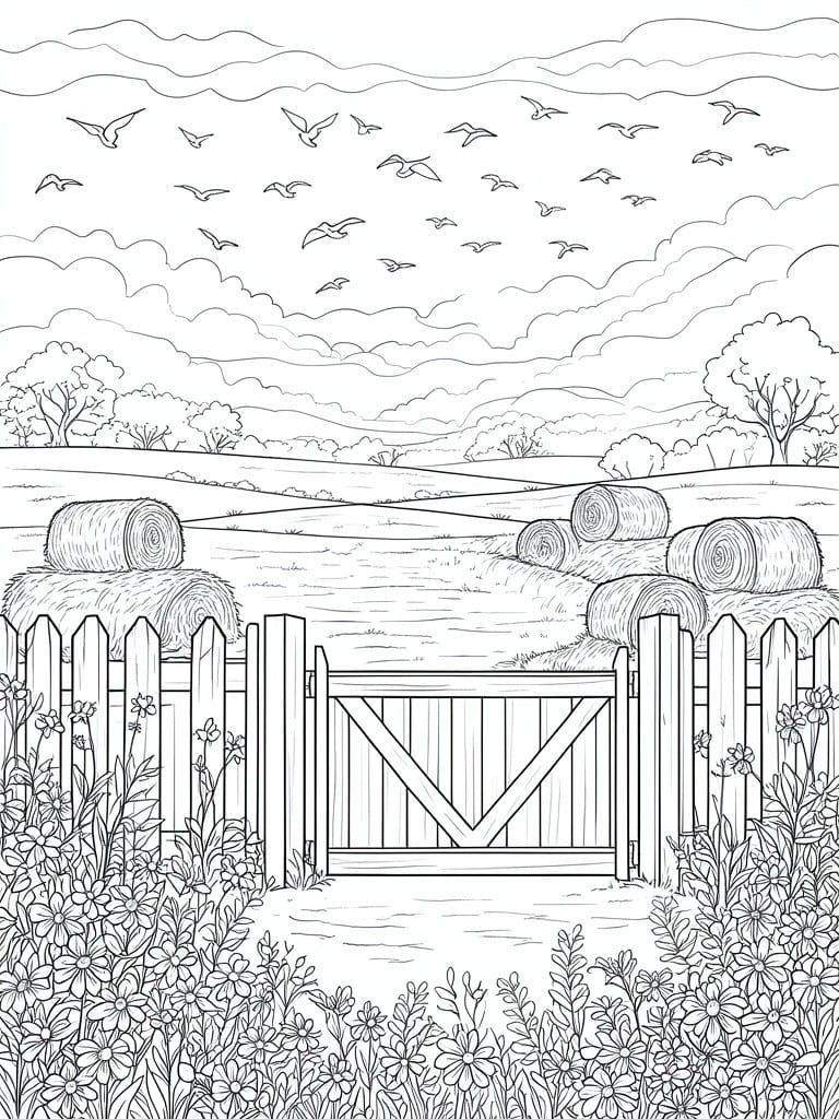 A black and white line drawing of a wooden gate in a fence, with hay bales, wildflowers, rolling hills, trees, and birds in the sky.
