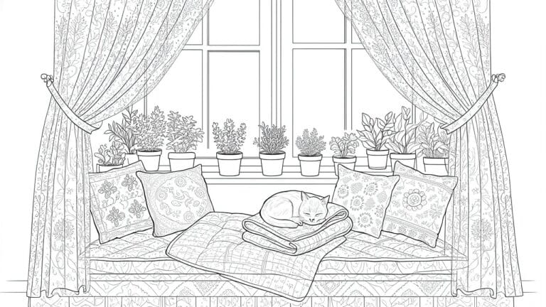 23 Dreamy Cozy Aesthetic Coloring Pages in Soft Cottagecore Style Sleeping cat on cushioned windowsill with pillows, floral curtains, potted plants, and flowers.