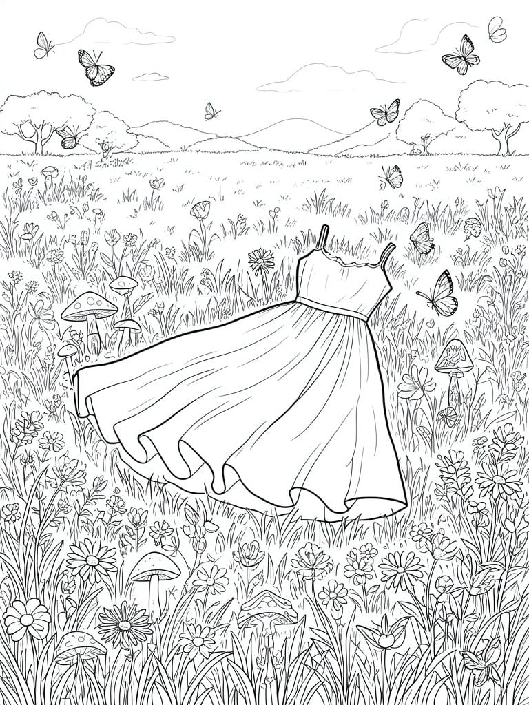 A black and white line drawing of a sleeveless dress floating in a grassy field with flowers, mushrooms, butterflies, and distant trees.