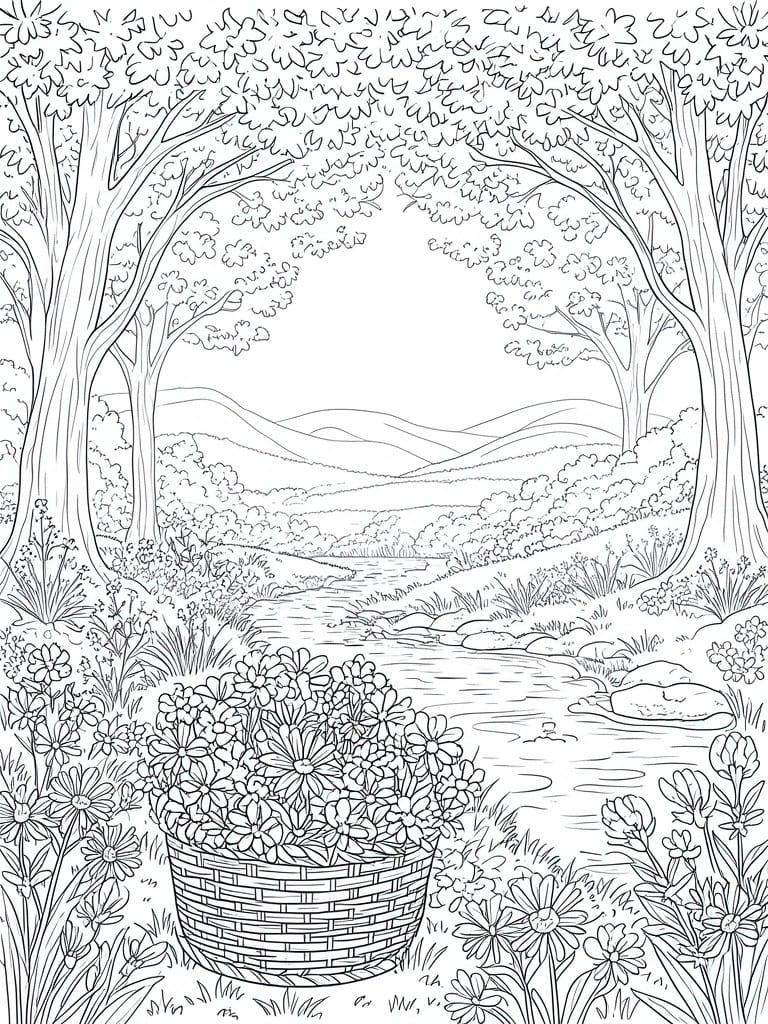 Line drawing of flower basket by stream in forest with mountains and trees