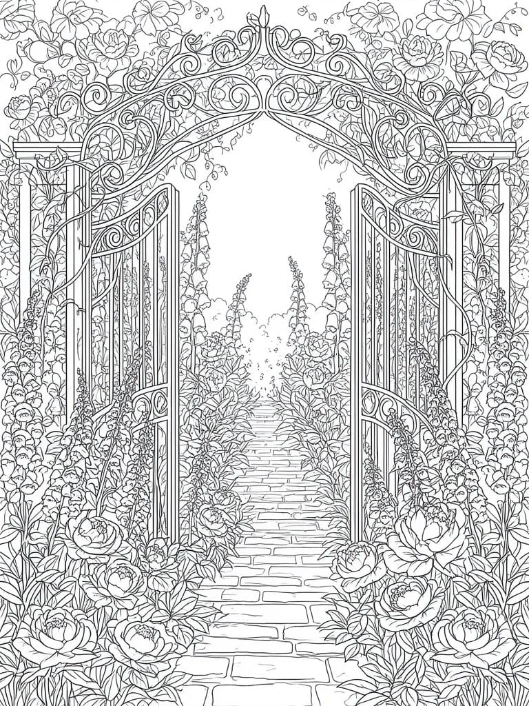 A detailed line drawing of an ornate arched garden gate covered in flowers and vines with an open path leading through a garden.