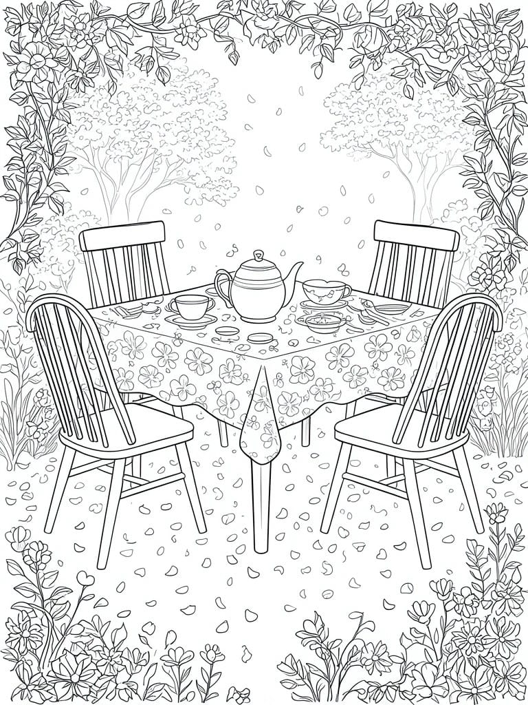 A black and white line drawing of an outdoor table with four chairs, a teapot, cups, and floral tablecloth, set among trees and flowers.