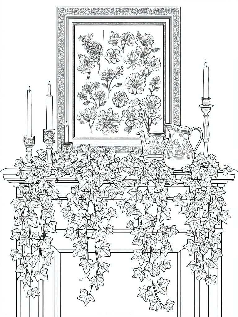 Black and white line drawing of a fireplace mantel covered in ivy with candles, a pitcher, and a large framed floral artwork above it.