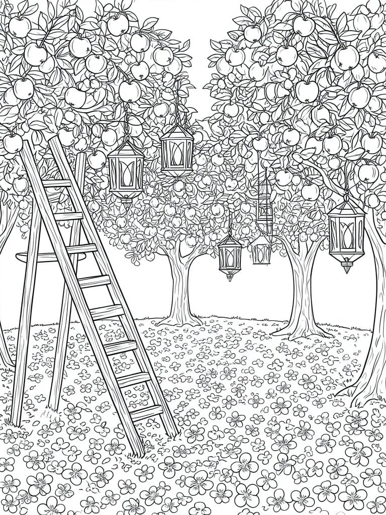 A black and white line drawing of apple trees with fruits, hanging lanterns, a ladder, and flower-covered ground.