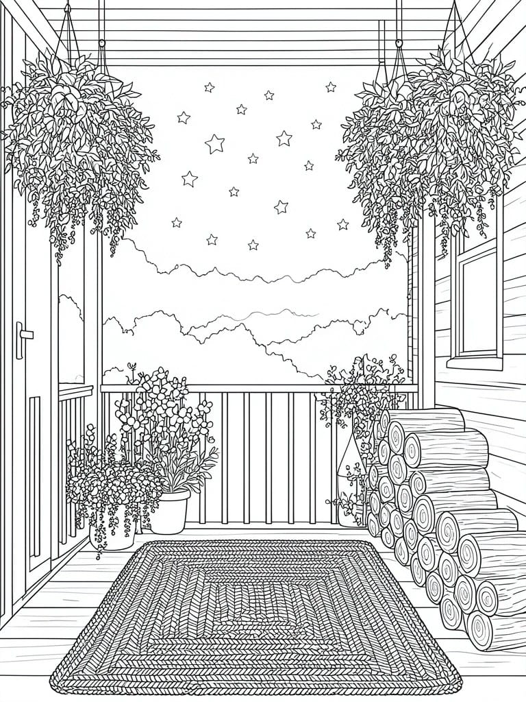 Black-and-white line drawing of starry porch with hanging plants and woven rug