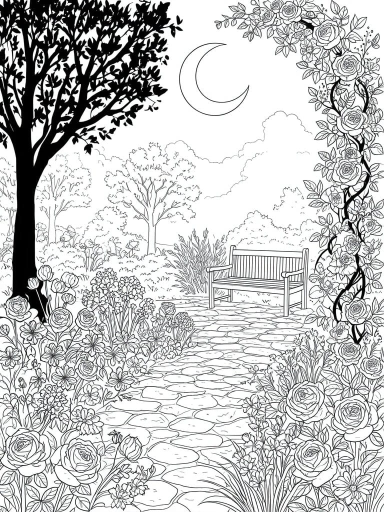 A black and white line drawing of a stone path through a garden with roses, a bench, a large tree, and a crescent moon overhead.