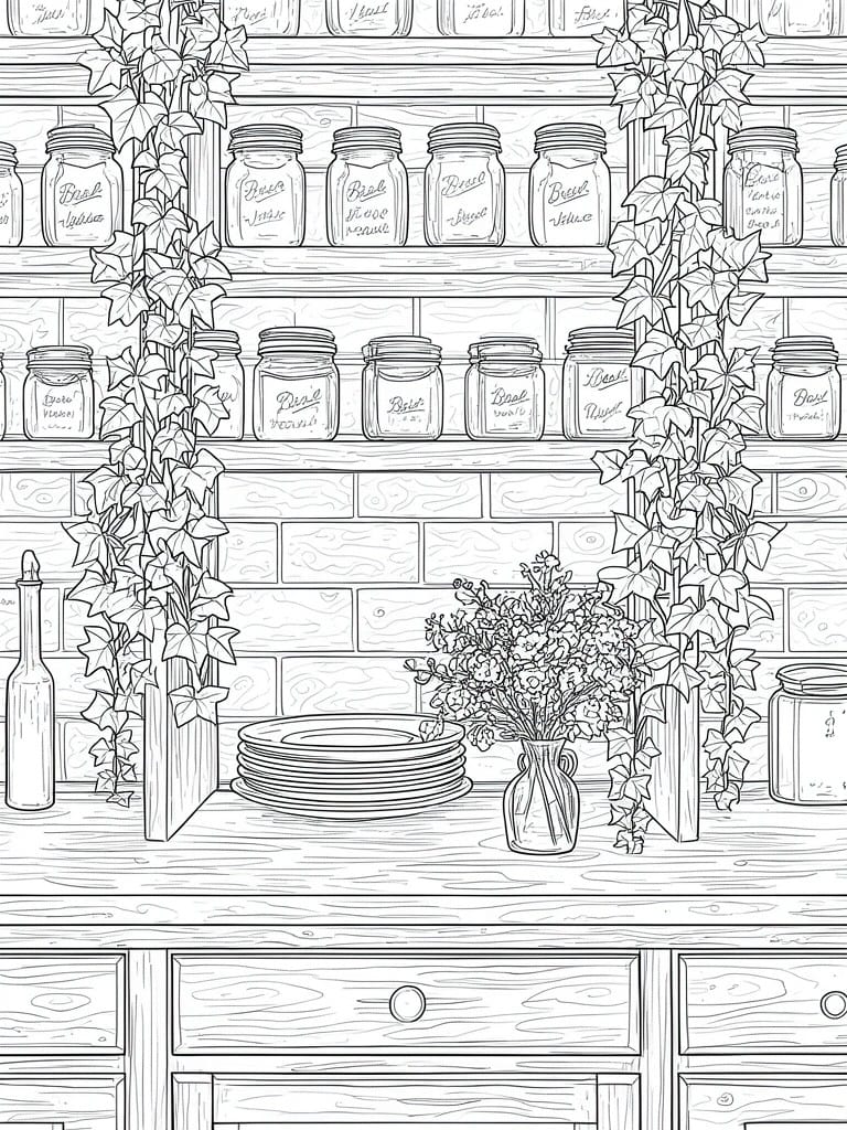 Coloring page of pantry shelves with labeled mason jars and hanging ivy vines.
