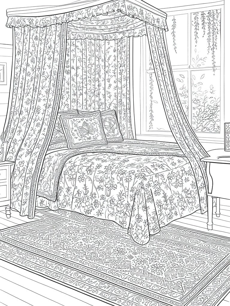 Intricate line drawing of floral canopy bed with pillows, rug, and window.
