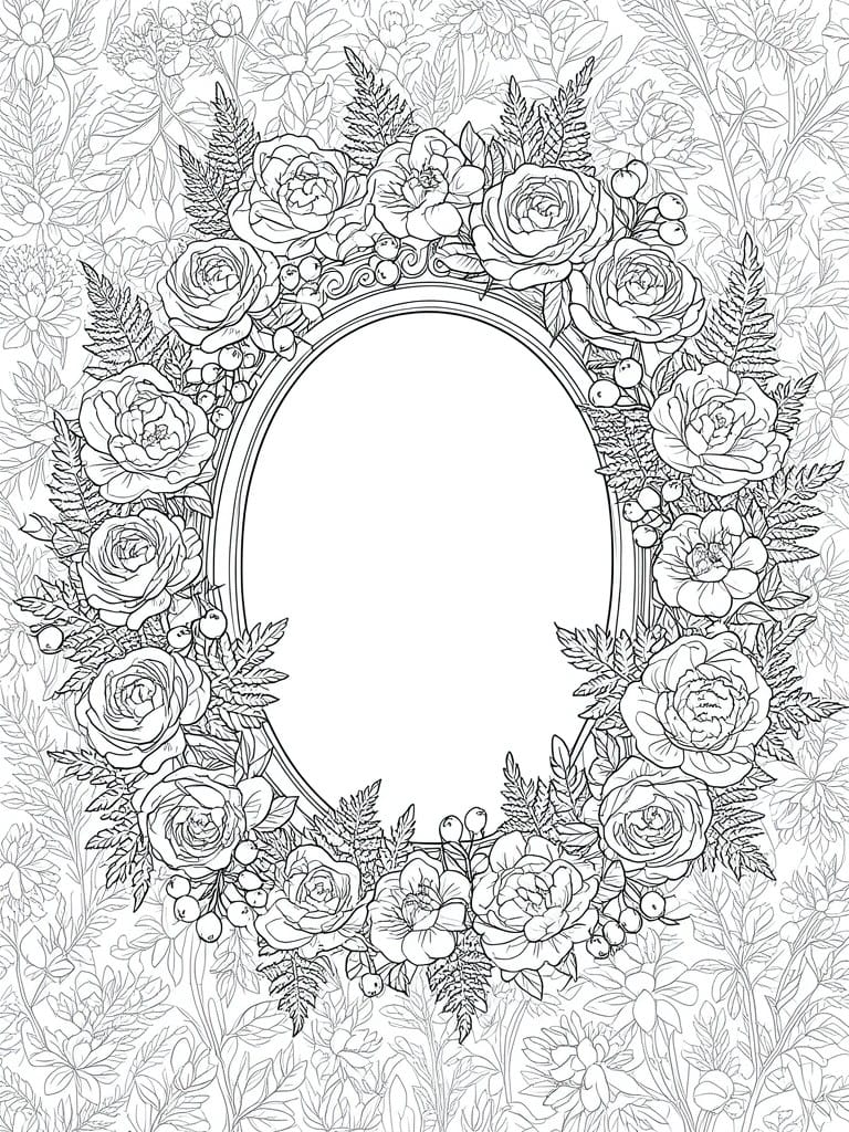 Intricate black-and-white floral wreath of roses and ferns encircling an empty oval frame.