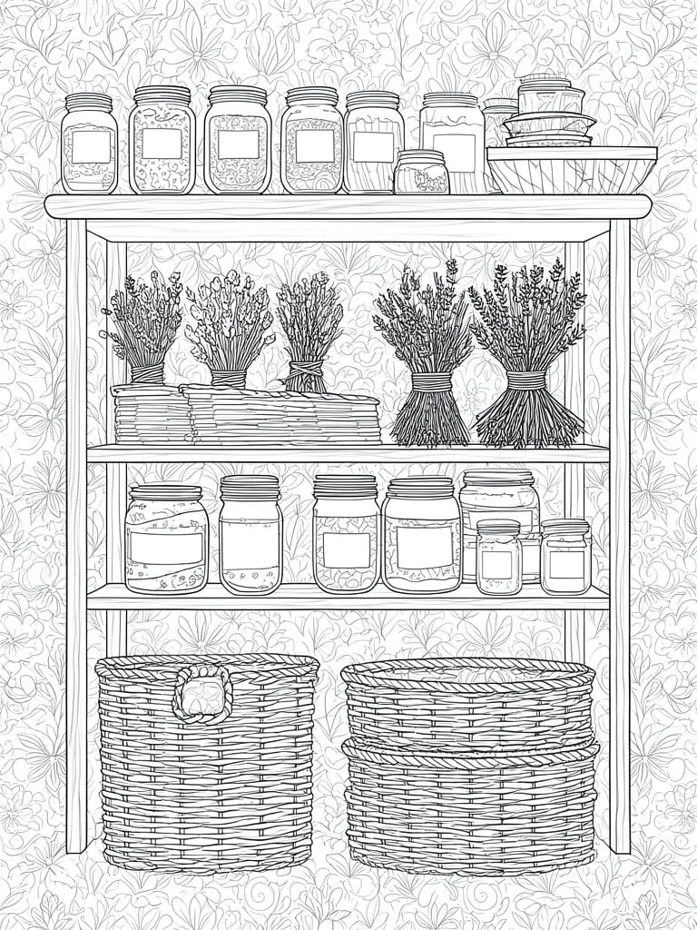 A black and white line drawing of a three-shelf wooden unit holding glass jars, lavender bundles, and two wicker baskets against a floral background.