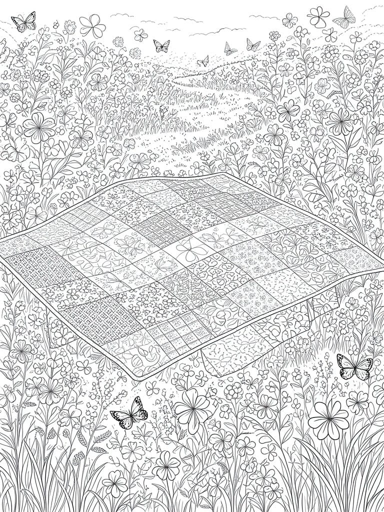 Patchwork quilt spread across a wildflower meadow with butterflies and a winding path.