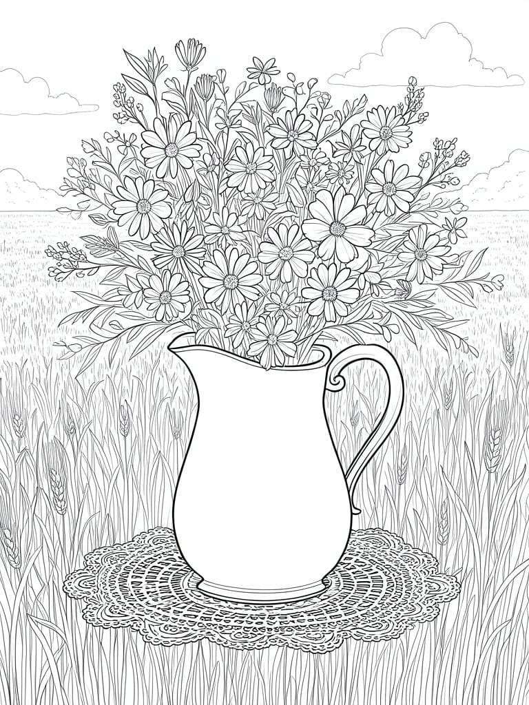 Coloring book page of wildflowers in pitcher on doily in wheat field