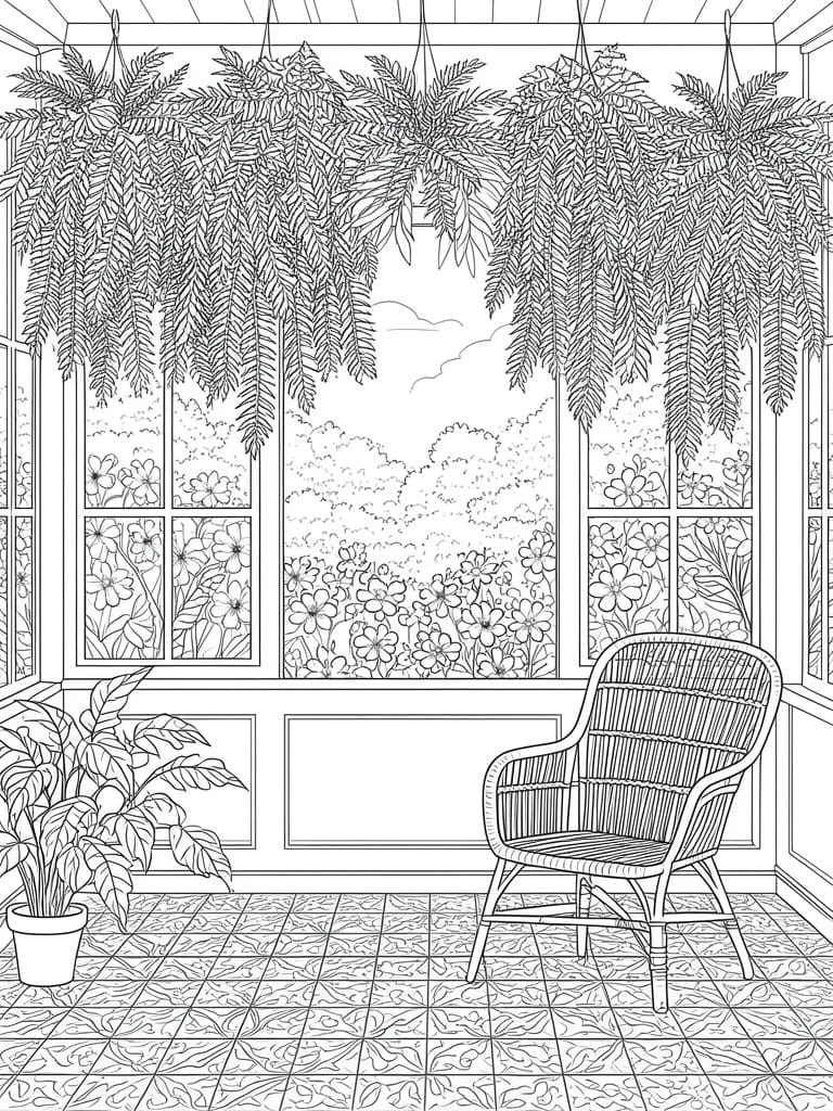 Line drawing of sunroom with hanging ferns, wicker chair, potted plant, and garden view.