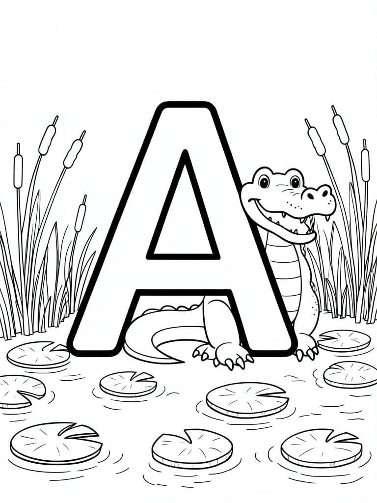 Coloring page of large letter A with cartoon alligator among lily pads and reeds