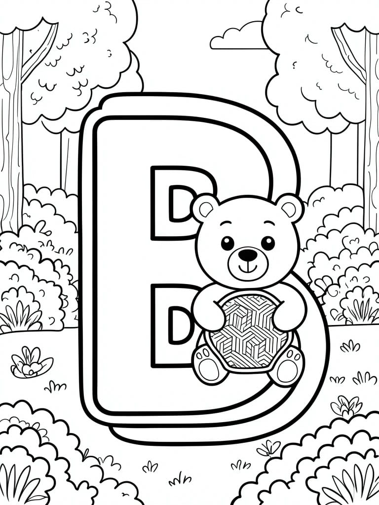 A coloring page shows a large letter B with a bear sitting inside it holding a patterned object, surrounded by trees and bushes.