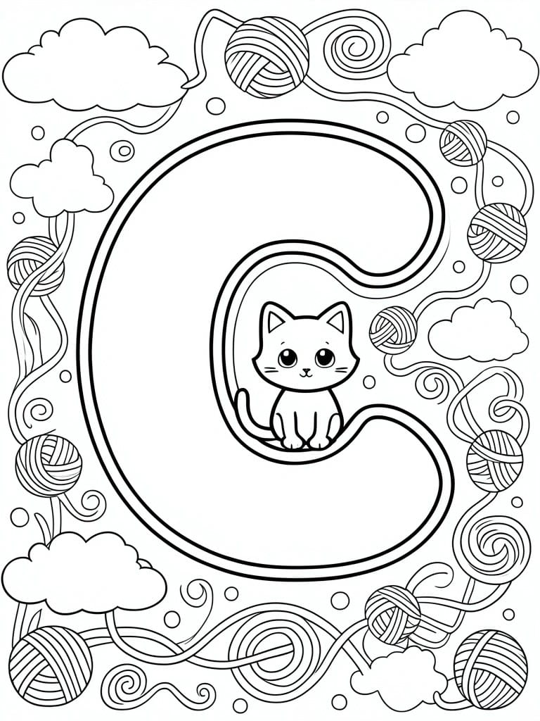 Coloring page of large letter C with cute cat, yarn balls, and clouds