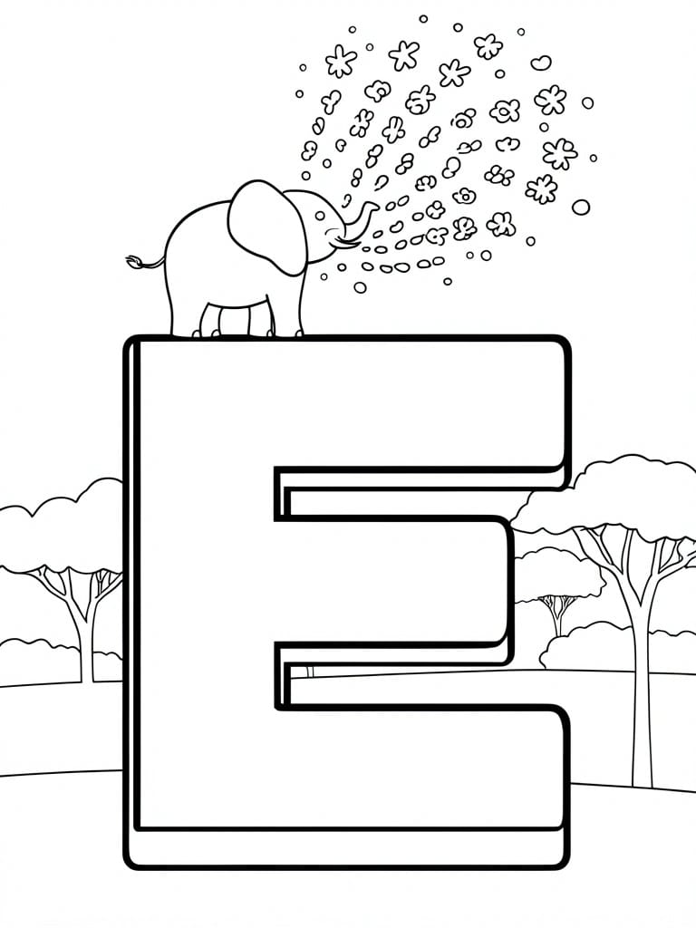 Elephant atop giant letter E sprays flowers from trunk amid tree silhouettes