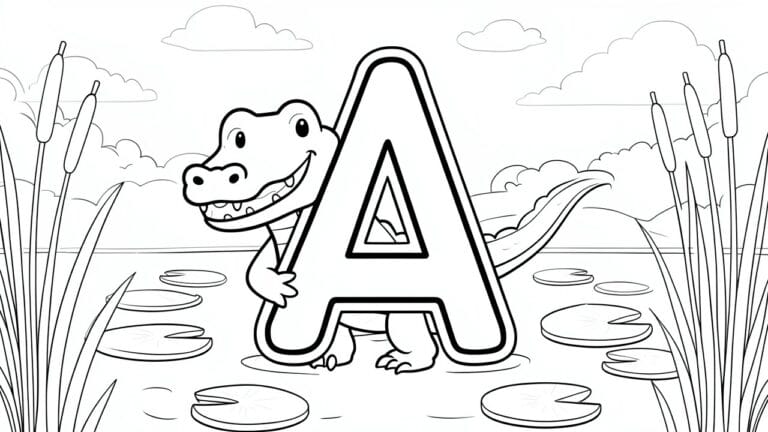 Coloring page of large letter A with cartoon alligator among lily pads and reeds