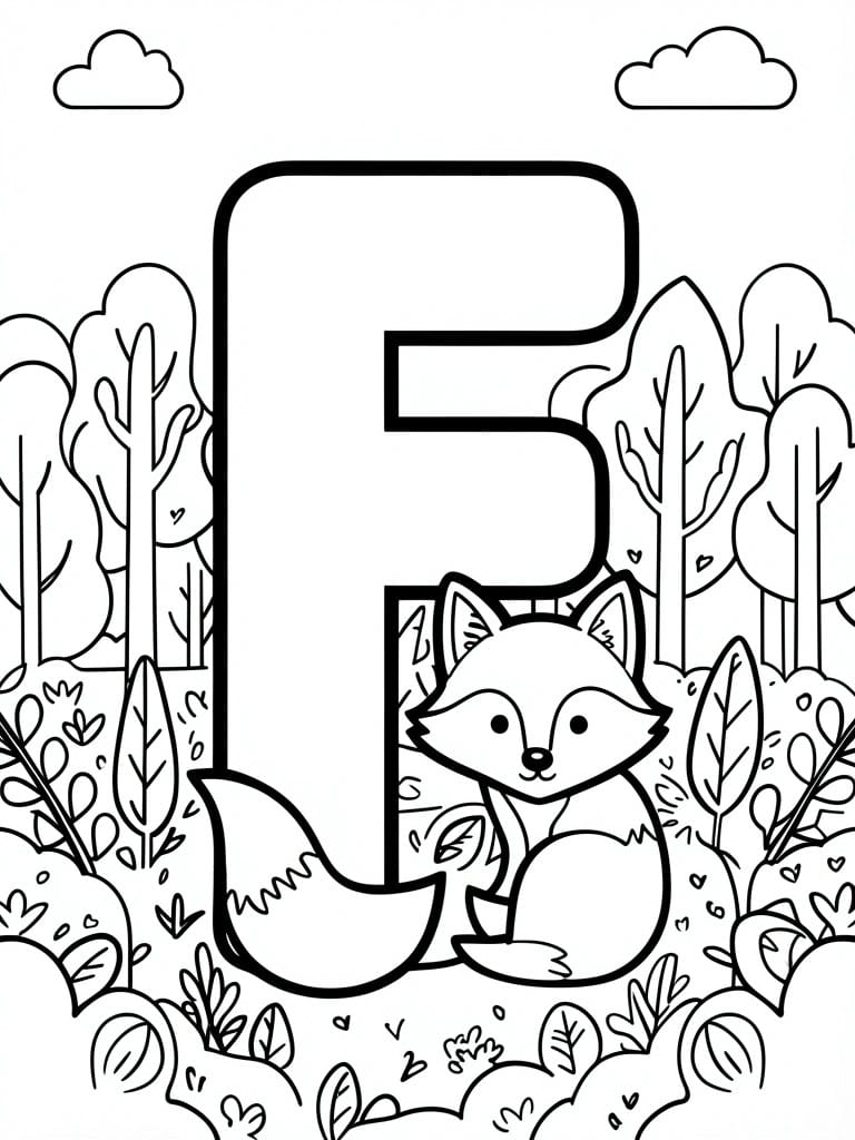 Large letter F with fox in forest coloring page scene
