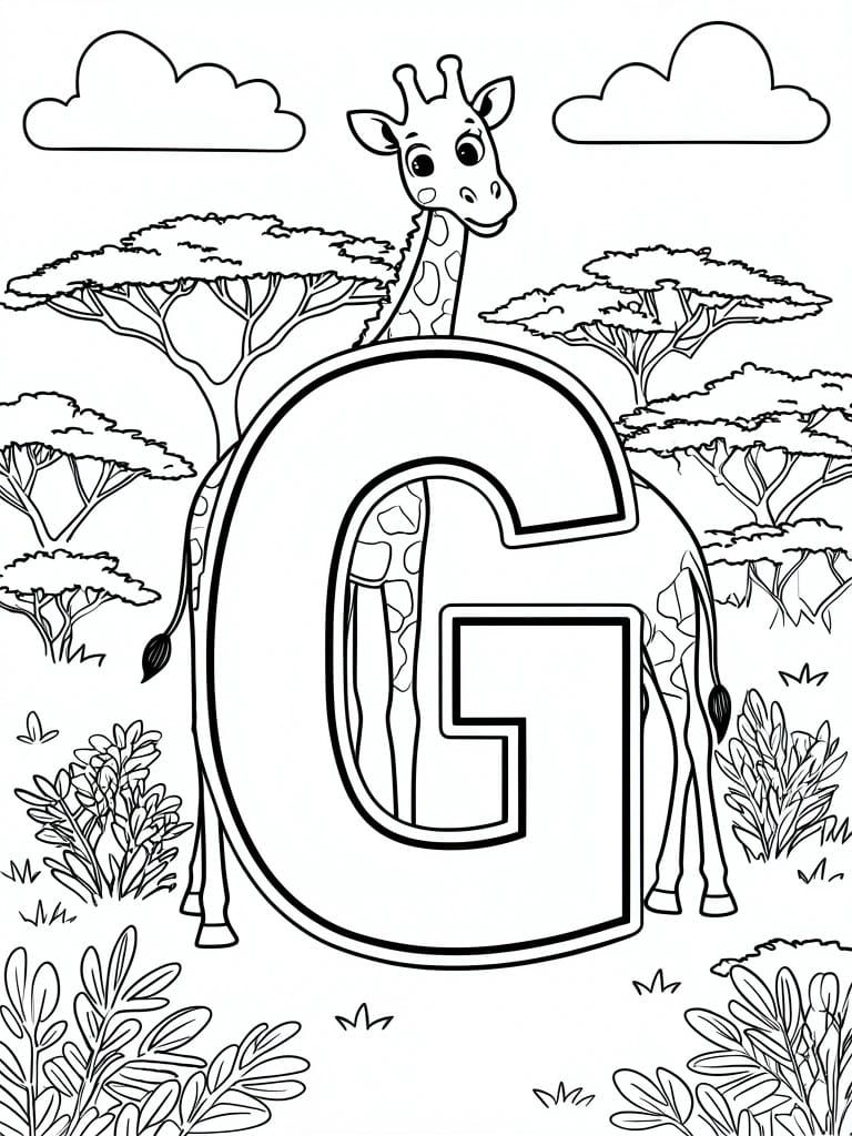 A black and white coloring page shows a giraffe whose body and neck form the shape of the letter G, with savanna trees and clouds in the background.