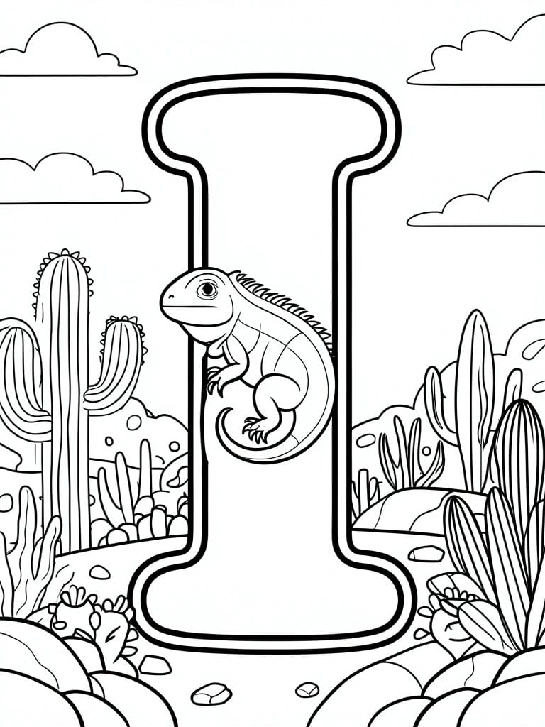 Coloring page of iguana perched on large letter I amid desert cacti and rocks