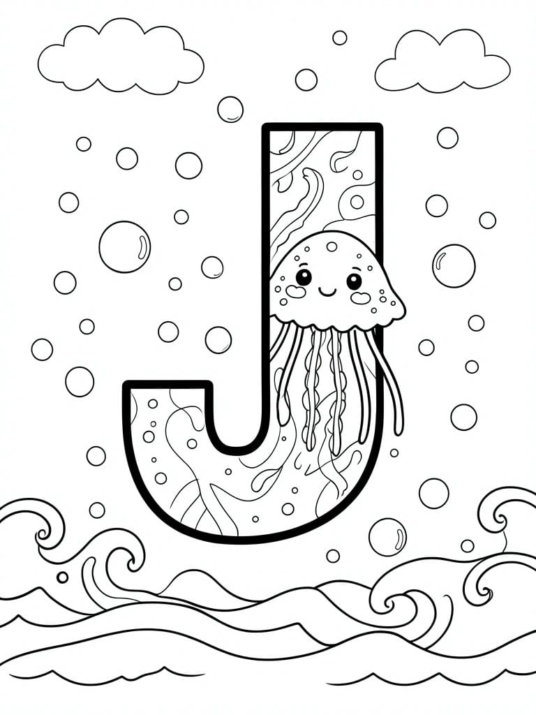 Letter J with cute jellyfish, bubbles, waves and clouds in line art.