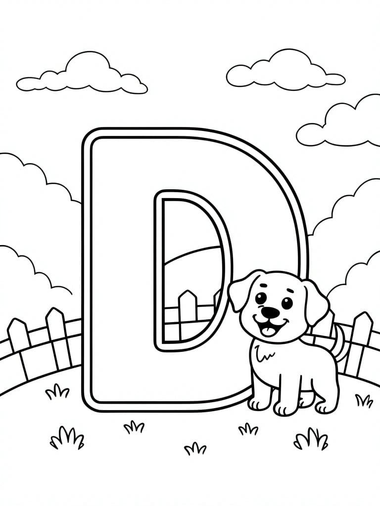 A coloring page with a large letter D next to a sitting dog, surrounded by clouds, grass, and fences.